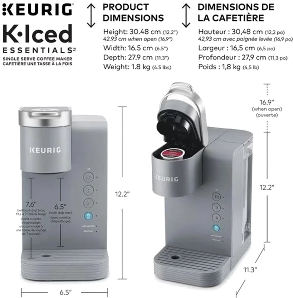 灰色 Keurig K-Iced Essentials 咖啡機，標示機身尺寸